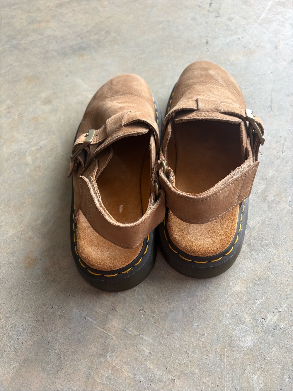 Dr. Martens Tan Suede Buckle Clogs